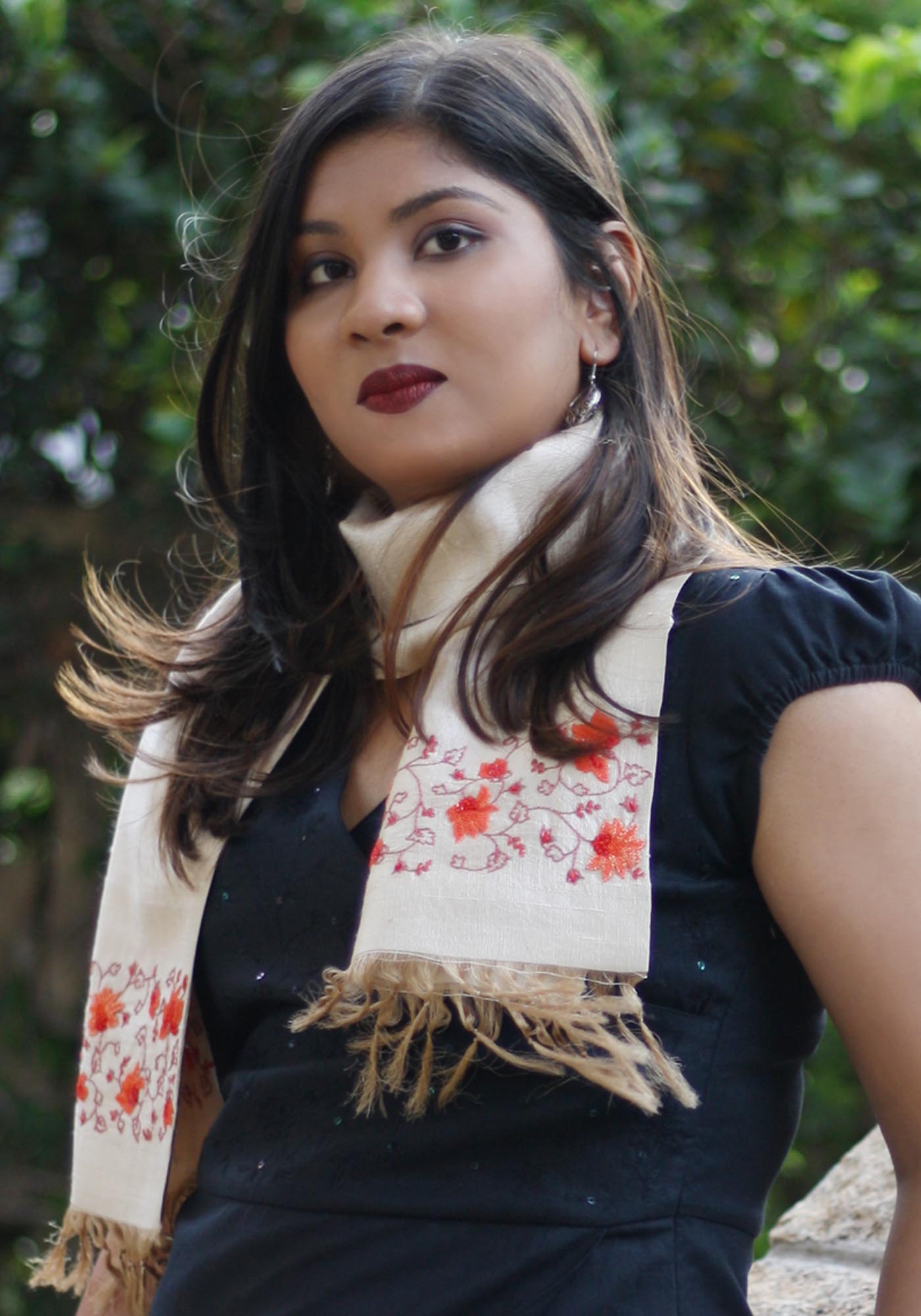 MINC Couture Flame of the Forest Hand Embroidered Scarf in Beige Silk