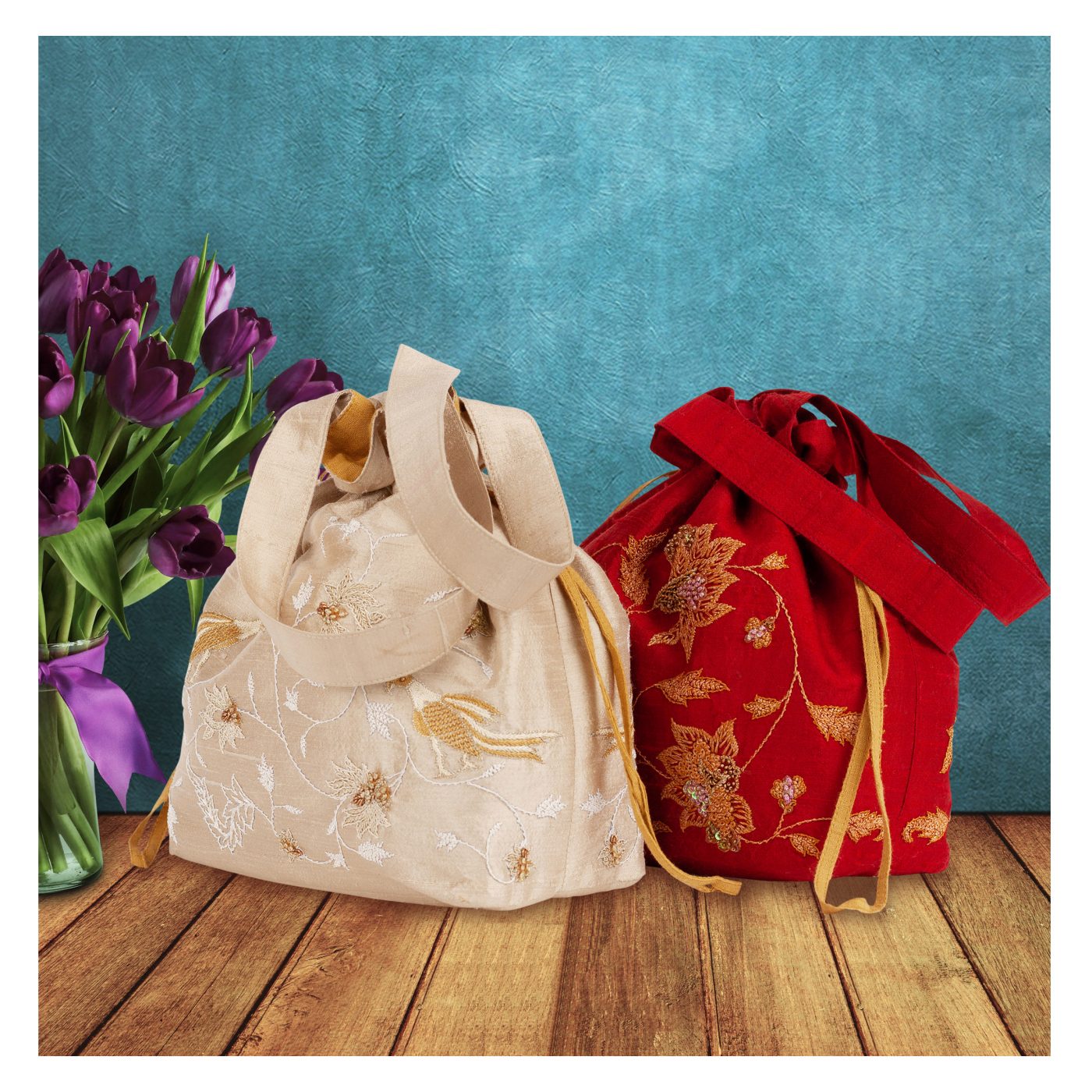 MINC Beige and Red Potli Bag with complete hand embroidery