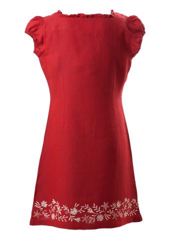 MINC Petite Ruby Rose Dress with embroidery all along bottom of dress with puff sleeves made in Red Linen