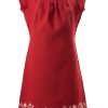 MINC Petite Ruby Rose Dress with embroidery all along bottom of dress with puff sleeves made in Red Linen