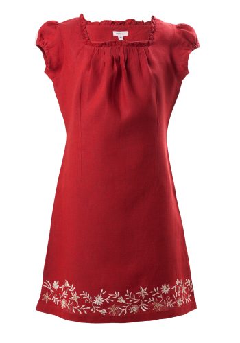 MINC Petite Ruby Rose Dress with embroidery all along bottom of dress with puff sleeves made in Red Linen