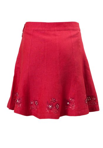 Raspberry Ice Girls Skirt in Fuchsia Linen with embroidery along hemline and coconut shell closure brought to you by MINC petite