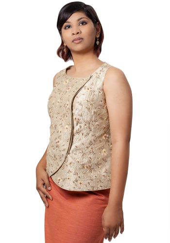 MINC Asymmetric Hand Embroidered Top in Beige Silk