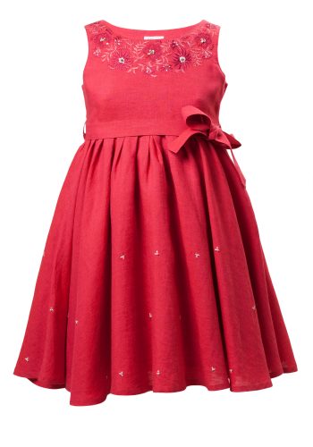 MINC Petite Garnet Fun Girls Embroidered Short Dress in Fuchsia Linen