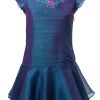 Peacock Blue Girls Short Dress in Blue Silk with floral motif around neck and skirt and sleeves made of silk organza