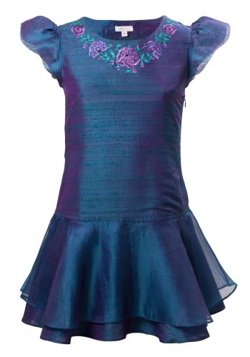 Peacock Blue Girls Short Dress in Blue Silk with floral motif around neck and skirt and sleeves made of silk organza