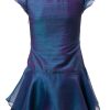 Peacock Blue Girls Short Dress in Blue Silk with floral motif around neck and skirt and sleeves made of silk organza with cotton voile lining
