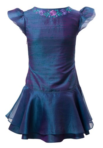 Peacock Blue Girls Short Dress in Blue Silk with floral motif around neck and skirt and sleeves made of silk organza with cotton voile lining
