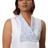 Blue & White Embroidered Asymmetric Top in White Linen