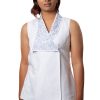 Blue & White Embroidered Asymmetric Top in White Linen