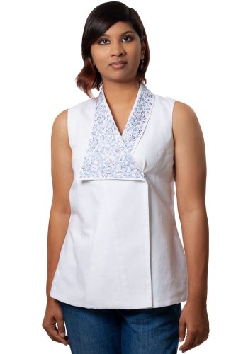 Blue & White Embroidered Asymmetric Top in White Linen