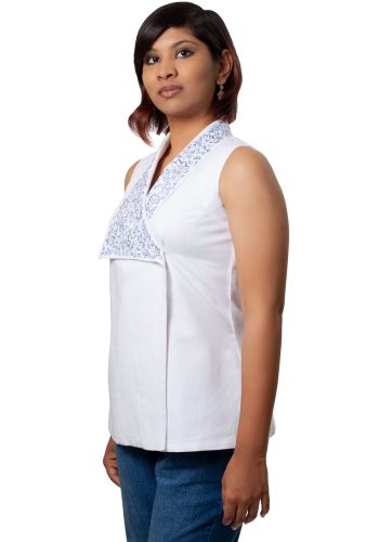 Blue & White Embroidered Asymmetric Top in White Linen