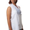 Blue & White Embroidered Asymmetric Top in White Linen