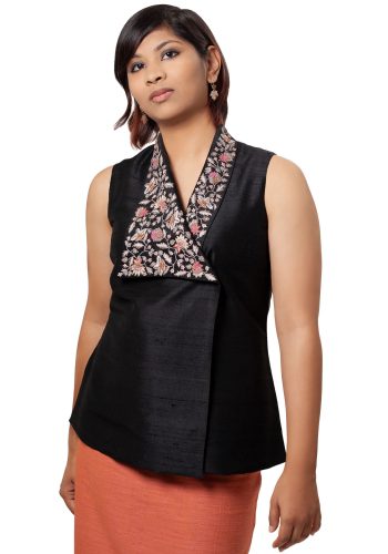 Elegant Asymmetric Hand Embroidered Top in Black Silk