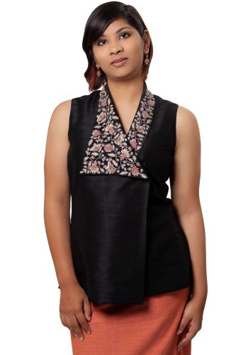 Elegant Asymmetric Hand Embroidered Top in Black Silk