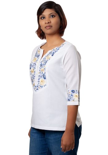 Elegant Floral Embroidered White Linen Top