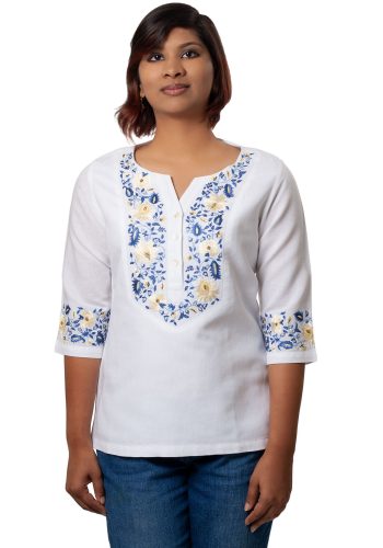 Elegant Floral Embroidered White Linen Top