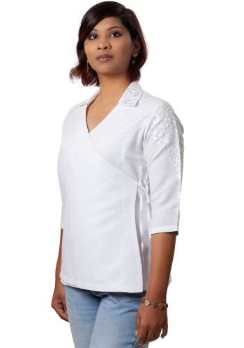 White Embroidered Asymmetric Linen Shirt