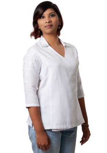 White Embroidered Asymmetric Linen Shirt