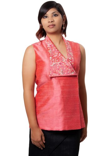 MINC Bridal Couture Elegant Asymmetric Hand Embroidered Top in Pink Silk