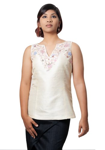 MINC Bridal Couture Sleeveless Hand Embroidered Top in Pale Ivory Silk