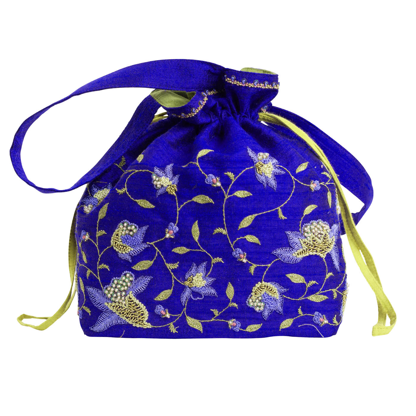 MINC Couture Embroidered Silk Potli Bag in Topaz Blue