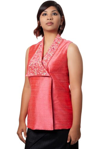 MINC Elegant Asymmetric Hand Embroidered Top in Pink Silk