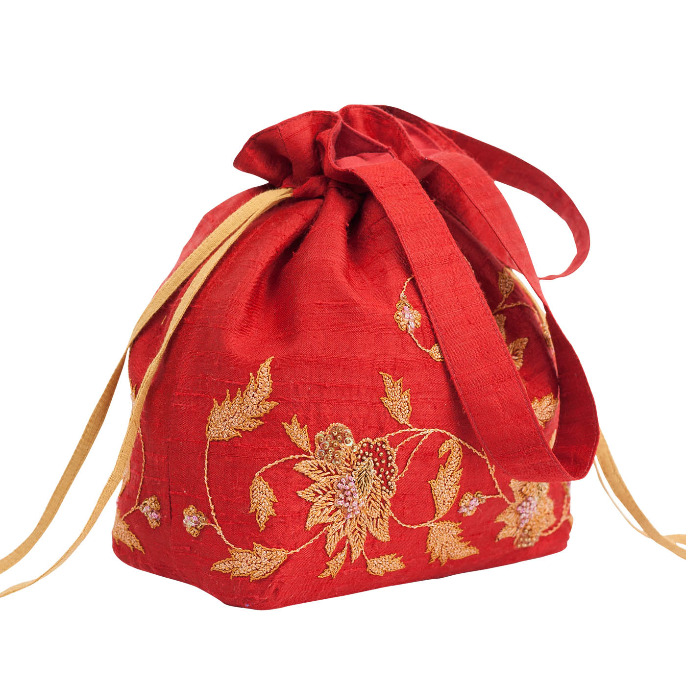 MINC Embroidered Raw Silk Potli Bag in Ruby Red