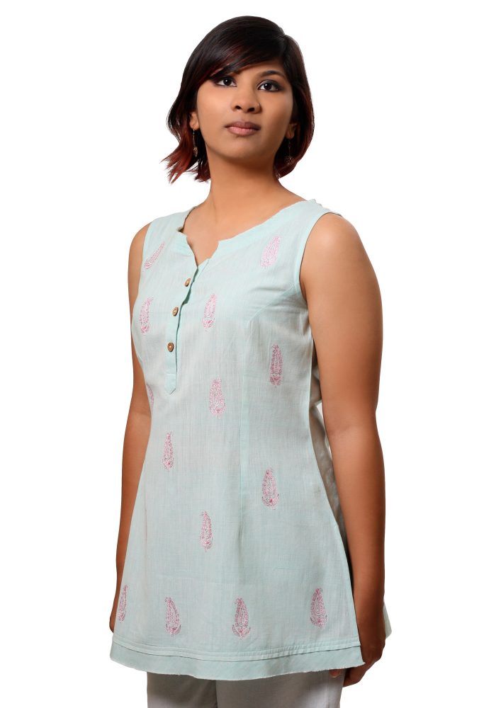 MINC Sleeveless Aqua Fun Tunic in Blue Khadi Cotton