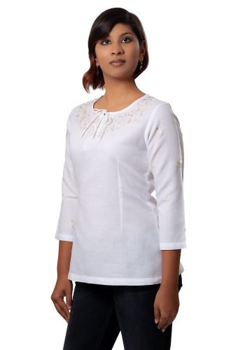 MINC couture Classic Embroidered Short Kurti In White Linen