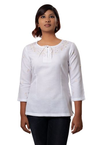 MINC ecofashion Classic Embroidered Short Kurti In White Linen