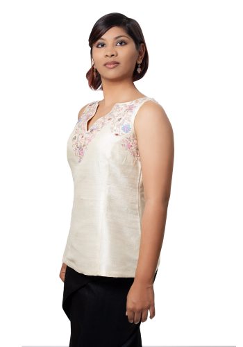 MINC ecofashion Sleeveless Hand Embroidered Top in Pale Ivory Silk