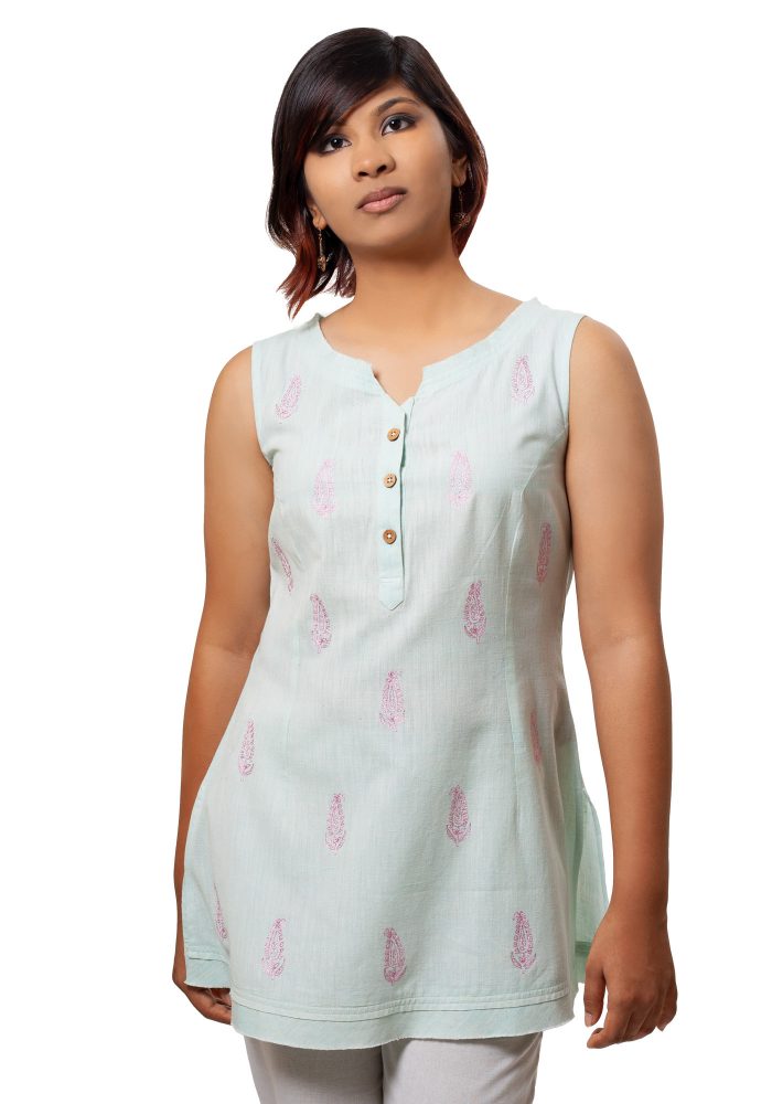 MINC ecofashion casual wear Sleeveless Aqua Fun Tunic in Blue Khadi Cotton