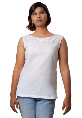 MINC ecofriendly clothing Amber Embroidered Sleeveless Top in White Linen