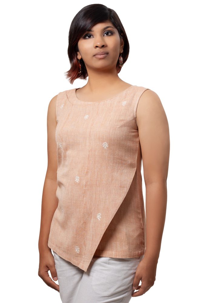 MINC ecofriendly clothing Sunset Orange Sleeveless Asymmetric Embroidered Khadi Cotton Tunic