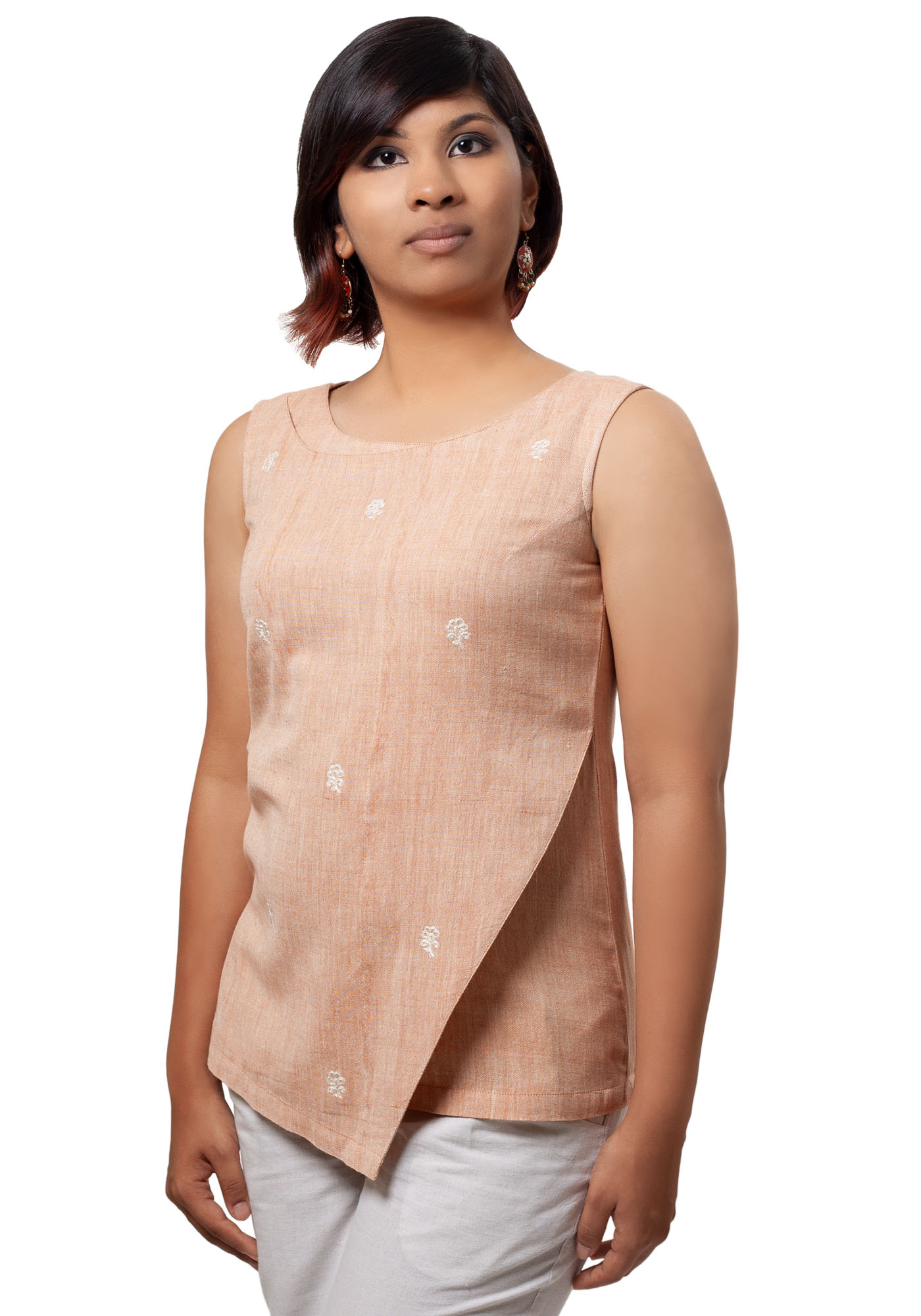 MINC ecofriendly clothing Sunset Orange Sleeveless Asymmetric Embroidered Khadi Cotton Tunic