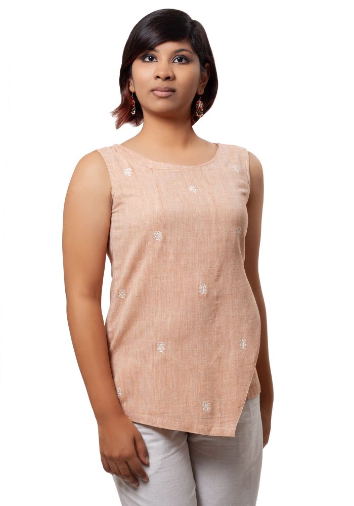 MINC fashion Sunset Orange Sleeveless Asymmetric Embroidered Khadi Cotton Tunic