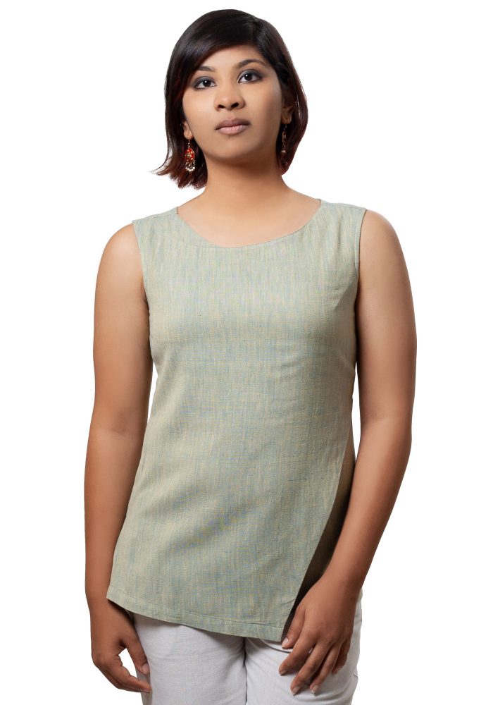 MINC womens Sleeveless Asymmetric Tunic in Green Khadi Cotton