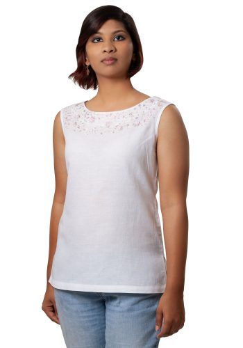 MINC womens clothing store Amber Embroidered Sleeveless Top in White Linen