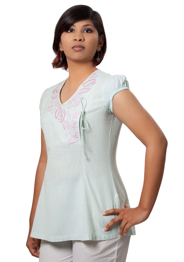 MINC womens clothing store Asymmetric Embroidered Tie Top in Aqua Green Khadi Cotton