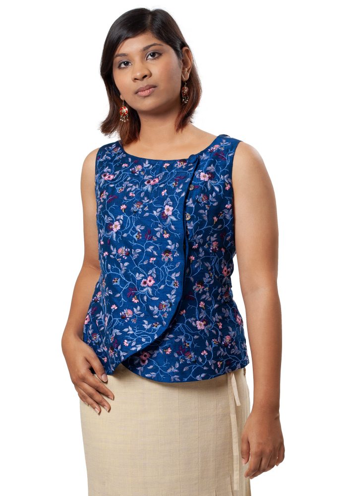 MINC Asymmetric Hand Embroidered Top in Blue Silk