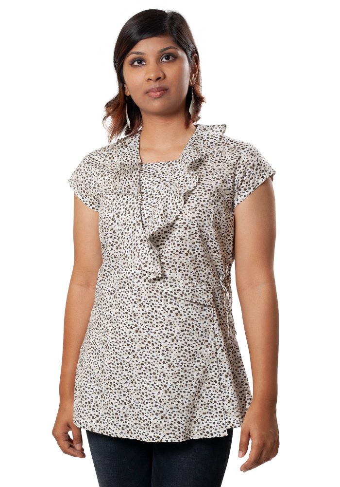 MINC Asymmetric Ruffle Top in White Printed Cotton