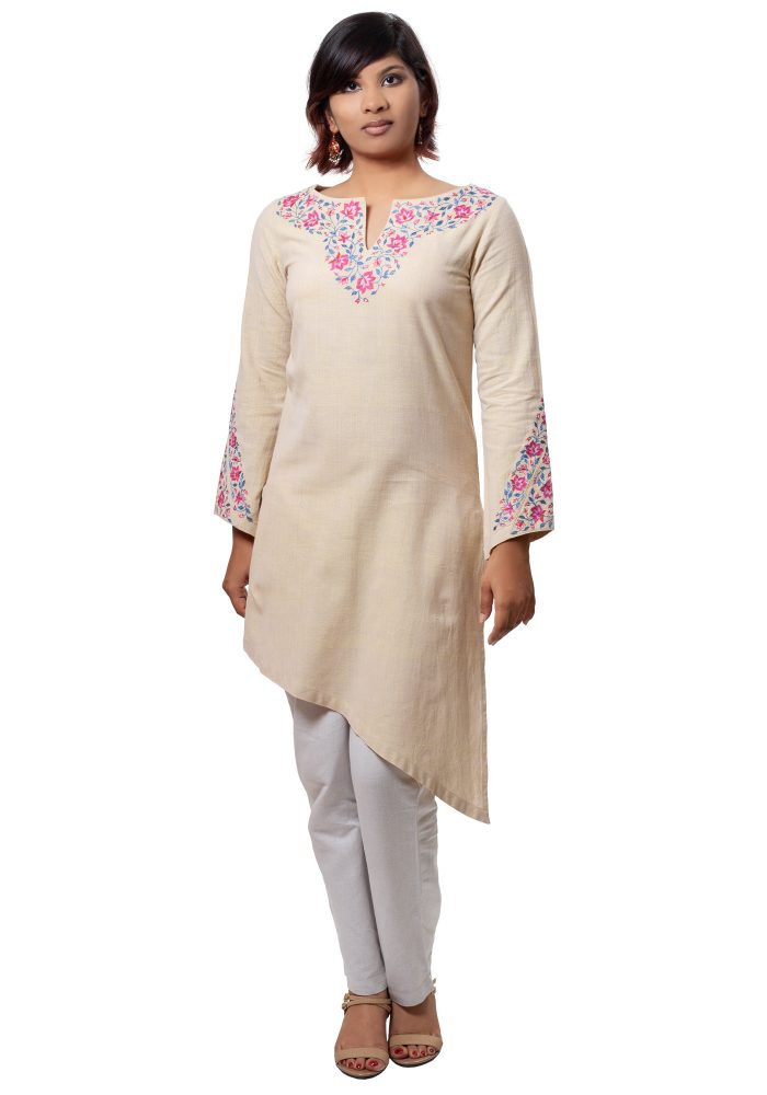 MINC Ecofashion Floral Embroidered Long Kurta in Yellow Khadi Cotton
