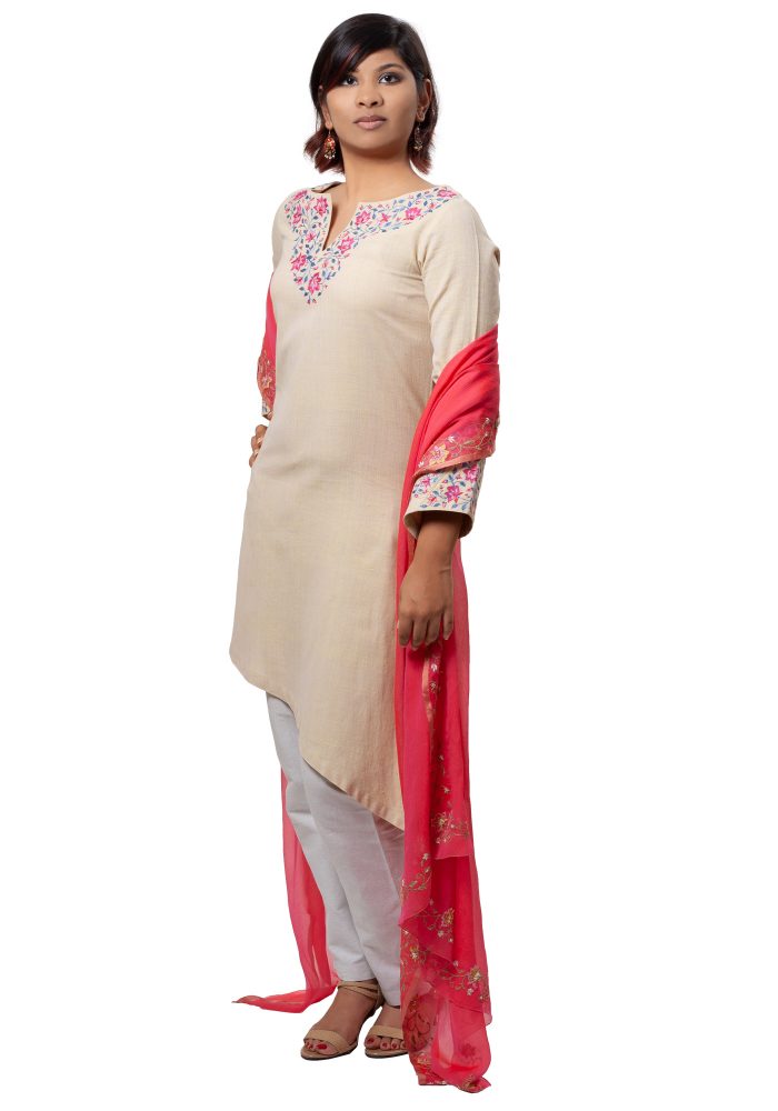 MINC Ecofashion Womens Daywear Floral Embroidered Long Kurta in Yellow Khadi Cotton