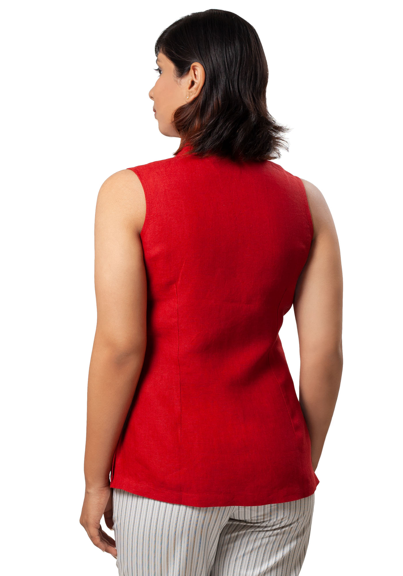 MINC Fiery Red Sleeveless Asymmetric Tie Top in Linen