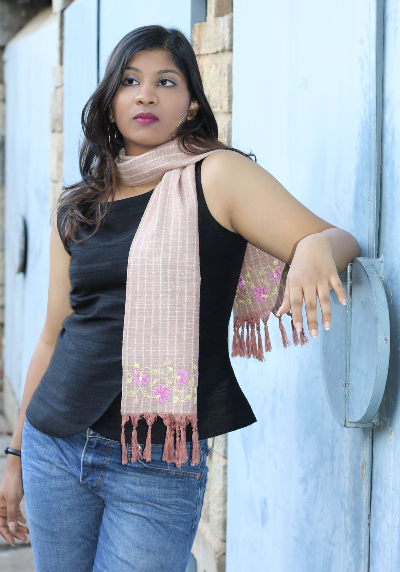 MINC Rose Chocolate Hand Embroidered Silk Scarf