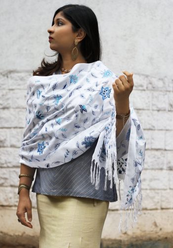 MINC couture Delphinium Embroidered Scarf in White Silk