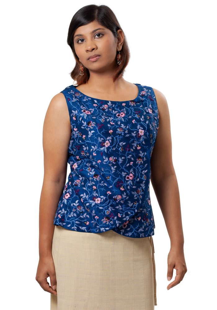 MINC eco friendly couture Asymmetric Hand Embroidered Top in Blue Silk