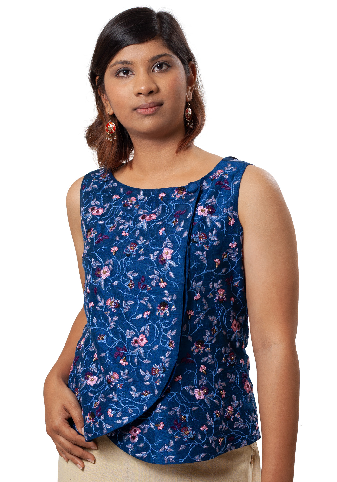 MINC ecofashion Asymmetric Hand Embroidered Top in Blue Silk