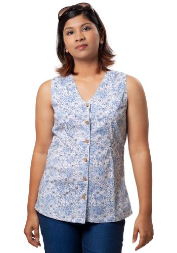 MINC ecofashion Slim Fit V-Neck Shirt in Printed White Cotton